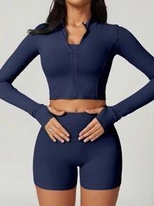 NcmRyu 2Piece Set Women's Solid Thumb Hole Zip Up Crop Jacket &High Waist Biker Shorts Tracksuit Set StreetwearTracksuit Sporty Breathable Comfy Outfits ForGym Workout Running Ladies Sportswear ForFall Minimalistic Outfit Cute Going Out Tops - 藏蓝色 - 查看 5