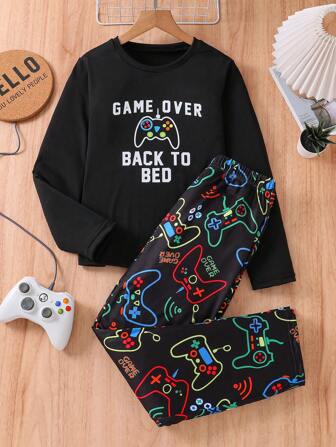 男童圆领长袖长裤睡衣套装，印有游戏手柄图案，适合所有季节的家居服
