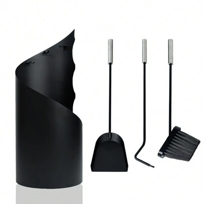  Froadp 4Pcs Modern Stainless Steel Fireplace Utensils Set With Holder, Ash Shovel, Brooms, Embers, Tongs (Black)