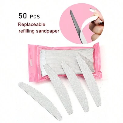 NailShine 50pcs Replaceable Gray Zebra Stripe Sandpaper Nail Files, Crescent-Shape, Reusable And Washable, 100/180 Grit (Stainless Steel Plate Sold Separately)