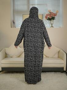 Women Comfortable Breathable Lace Trim Hooded One-Piece Prayer Robe, Fashionable Print Modest Long Sleeve Abaya Arabian Dress - Multicolor - View 3