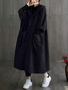 Manteau long trench oversize en tissu style chinois artistique pour femmes, printemps/été, avec grandes poches, fermeture boutonnée devant, veste décontractée à capuche noire - Noir - Voir 5