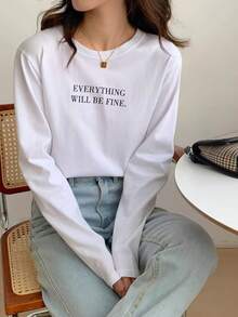 1pc Women Loose Fit White Base Layer Velvet Lined Long Sleeve T-Shirt, Early Spring/Autumn/Winter