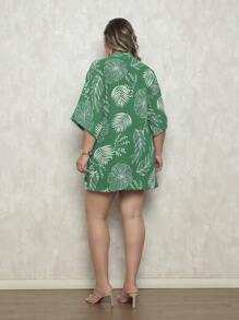 Women's 2-Piece Set (Kimono+Shorts) Plus Size Summer Prints Elastic Waistband - 棕櫚綠 - 查看 3
