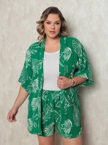 Women's 2-Piece Set (Kimono+Shorts) Plus Size Summer Prints Elastic Waistband - 棕櫚綠 - 查看 4