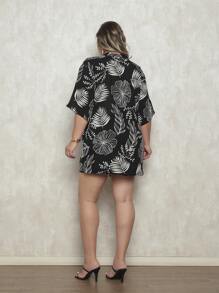 Women's 2-Piece Set (Kimono+Shorts) Plus Size Summer Prints Elastic Waistband - 黑棕櫚樹 - 查看 3