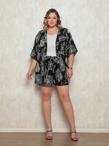 Women's 2-Piece Set (Kimono+Shorts) Plus Size Summer Prints Elastic Waistband - 黑棕櫚樹 - 查看 1