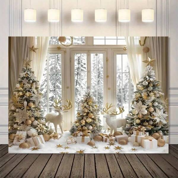 1 Pieza, Tela de fondo navideño, Paisaje invernal nevado, Árbol de navidad, Renos de navidad, Fondo de ventana blanca, Apto para decoración exterior, decoración de escenas, decoración de fiesta