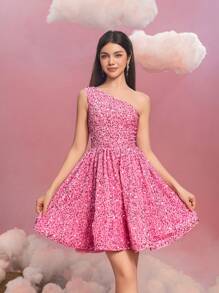 Teen Girls' Elegant One-Shoulder Sequin A-Line Graduation Dress - Sparkling Party Dress For Birthday, Pageants, Graduation Galas, And Award Ceremonies