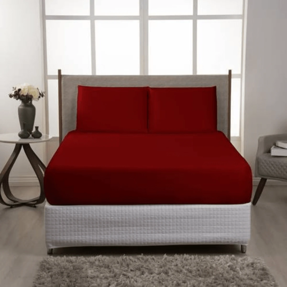 3-Piece Double Bed Sheet Set, Standard With Elastic, Plain Colors And Pillowcases, Immediate Shipping - Đỏ - Xem 1