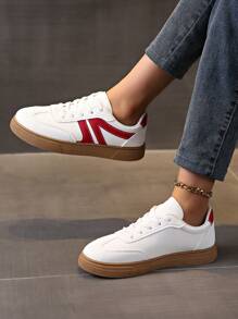 Women's Casual Fashion Sneakers, Lightweight Fabric Insole, Rubber Sole, Low Top Lace-Up, Minimalist Toe Cap, All Season Shoes - Red - View 5