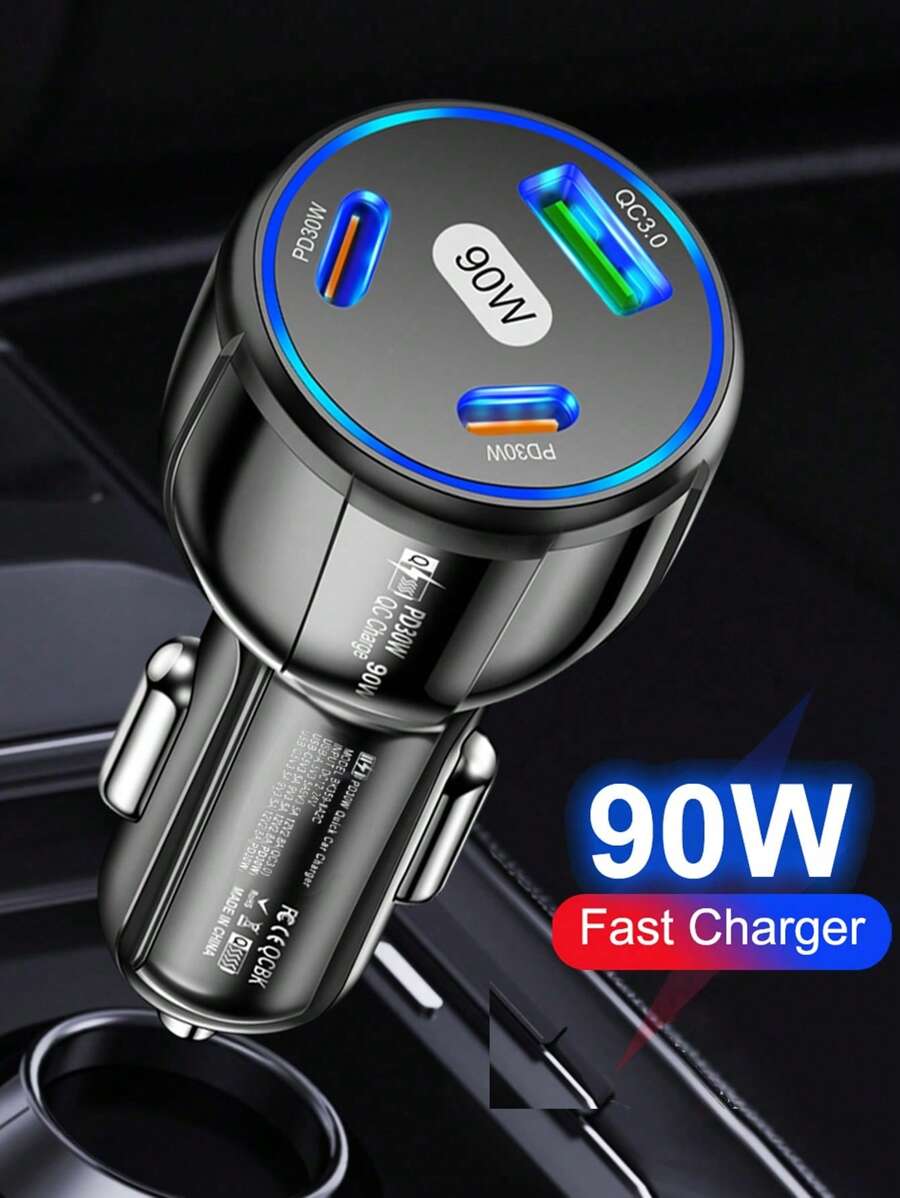 90W1USB和2PD端口車快速充電器 - 黑色 - 查看 1