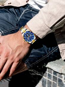 BIDEN 男士手表，男士商务手表，男士运动计时器，日历夜灯石英表，不锈钢表带防水时钟男士手表，免费链环拆卸器+盒子 - 金色 - 查看 4