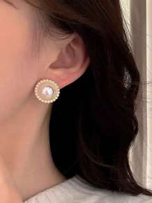 5 件/套方形勃艮第花卉珐琅和人造珍珠耳钉，时尚优雅几何耳环套装 - 彩色 - 查看 2