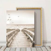 3 pièces Ensemble de peinture décorative, art mural de paysage moderne de plage de pier de paysage marin de feuilles de style boho beige, impressions sur canevas de style minimaliste pour la décoration de la maison, encadrable