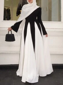 1 Piece Of Fashionable Women's Two-Color Contrast Gradient Style Long Dress, Soft Spring Tones Long Sleeve Cuffs Middle Eastern Dress Abaya, Modest