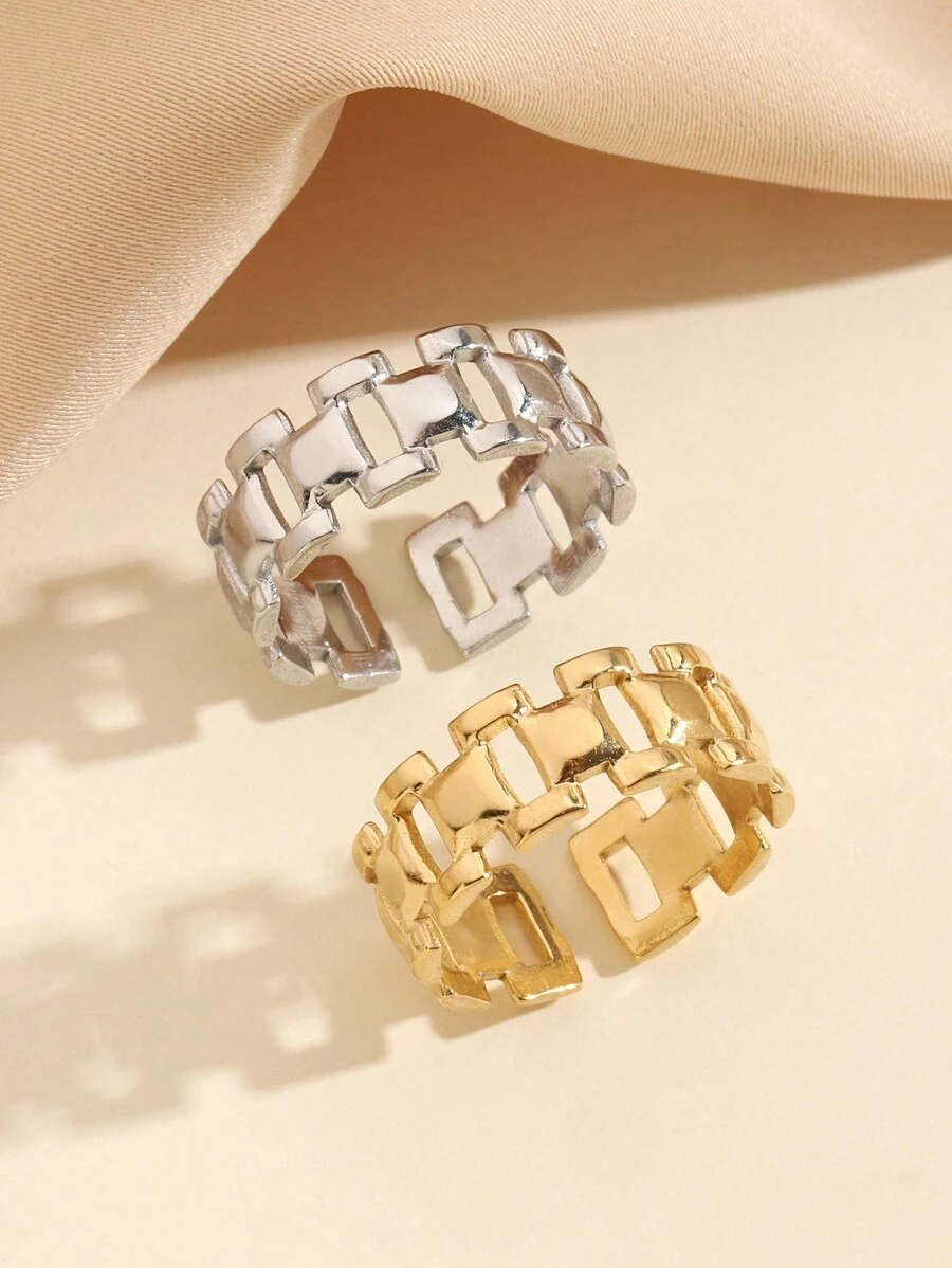 Bộ 2 chiếc nhẫn vuông rỗng tối giản bằng thép không gỉ, màu bạc và vàng, thích hợp cho nữ đeo hàng ngày hoặc làm quà tặng. - Nhiều màu - Xem 1