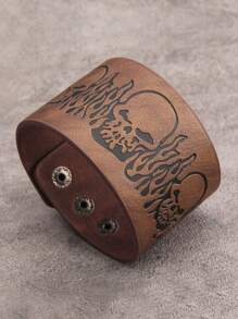 1 Stück Punk Rock Flammen Totenkopf Leder Breites Armband, Gothic Stil große und kleine Dämonenkopf Stern-förmige Accessoires, verstellbares Leder Armband für Herren & Damen, Karnevals Party Zubehör