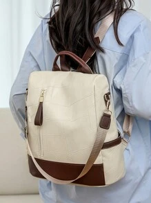 Anti-Theft Color Block Multipurpose Backpack, Suitable For Daily Commute And Travel, School Backpack - Beige - View 3