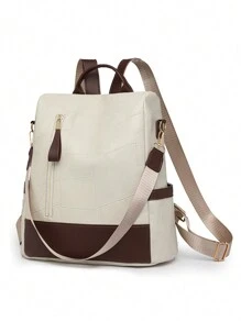 Anti-Theft Color Block Multipurpose Backpack, Suitable For Daily Commute And Travel, School Backpack - Beige - View 5