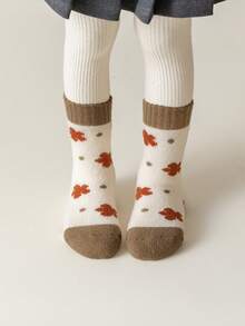 3 双儿童袜子，枫叶和笑脸设计，柔软舒适的儿童中筒袜 - 彩色 - 查看 2