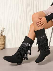 黑色褶皱一脚蹬双层流苏带扣铆钉圆头舒适百搭日常通勤办公室教师节优雅音乐节时尚中筒靴女 - 黑色 - 查看 8
