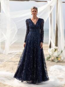 Faeriesty Mosy Floral Sequin Surplice Neck Sheer Sleeves Mother Of The Bride Dress