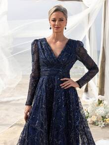 Faeriesty Mosy Floral Sequin Surplice Neck Sheer Sleeves Mother Of The Bride Dress