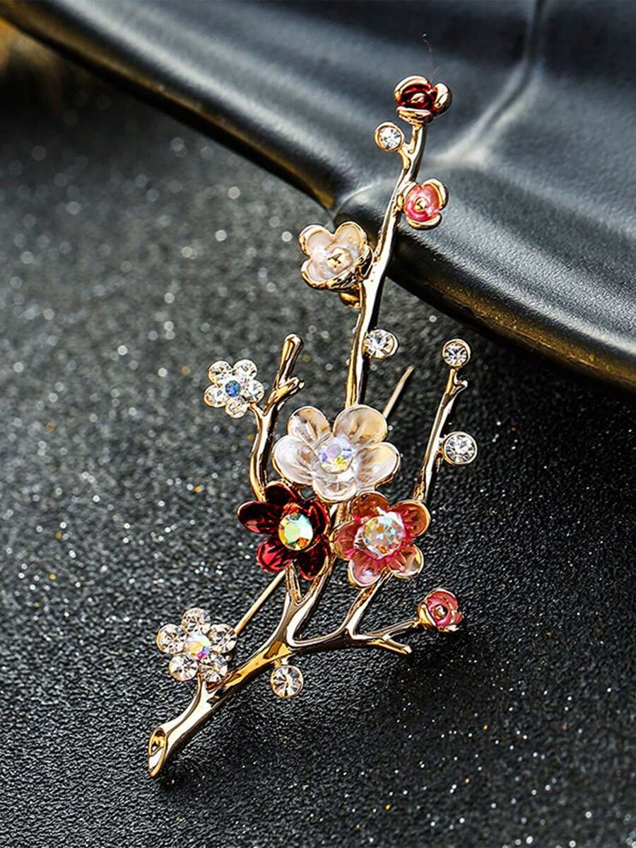 1 件复古优雅花卉和梅花形金色合金水钻胸针，时尚女士服装配饰 - 彩色 - 查看 1