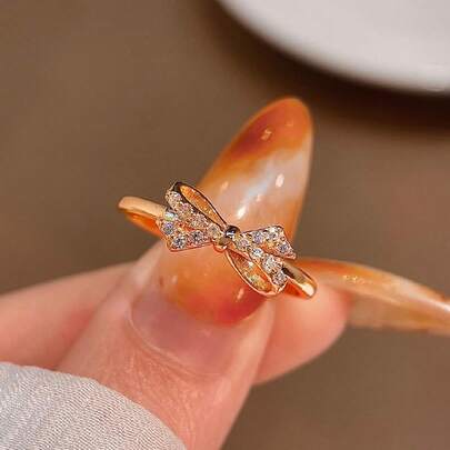1pc S925 Sterling Silver Elegant Gold Bow Cubic Zirconia Ring, Women's Jewelry Gift, Birthday Gift, Party Gift