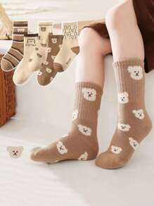 5 双儿童袜子，可爱熊图案女童中筒袜，卡通英雄联盟男童冬季袜子，透气婴儿和学生袜子 - 彩色 - 查看 2