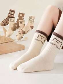 5 双儿童袜子，可爱熊图案女童中筒袜，卡通英雄联盟男童冬季袜子，透气婴儿和学生袜子 - 彩色 - 查看 3