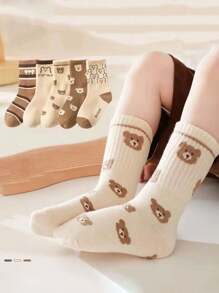 5 双儿童袜子，可爱熊图案女童中筒袜，卡通英雄联盟男童冬季袜子，透气婴儿和学生袜子 - 彩色 - 查看 1