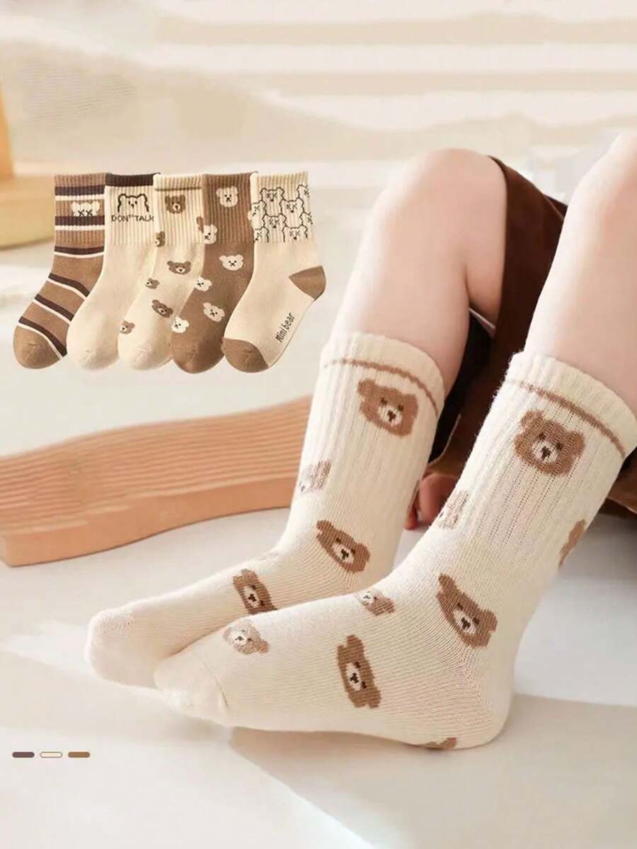 5 双儿童袜子，可爱熊图案女童中筒袜，卡通英雄联盟男童冬季袜子，透气婴儿和学生袜子 - 彩色 - 查看 1