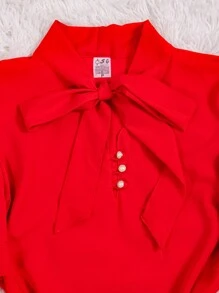 Women's Short Sleeve Puffed Blouse With Bow No. 8 - 紅色 - 查看 4