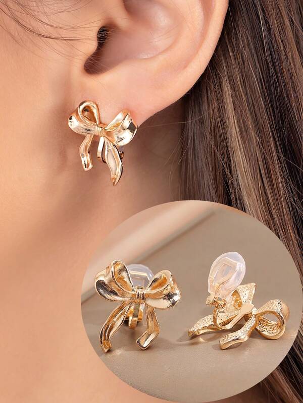 1 Pair Fashion Bow Clip-On Earrings For Women, No Piercing, Elegant Elegant, Suitable For Daily Wear Or Gifts Valentines