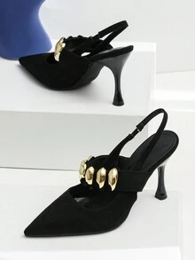 Chi tiết dây xích khóa kim loại đen 2024 Giày cao gót Mary Jane mũi nhọn phong cách cổ điển thời trang mới cho nữ - màu đen - Xem 2