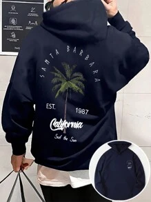 Men's Casual Coconut Tree Print Drawstring Hooded Sweatshirt, Street Style, Back To School, Autumn/Winter - Navy Blue - View 7