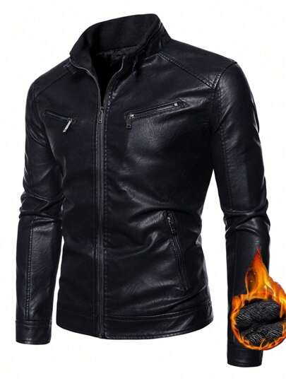 Męska kurtka ze skóry PU na jesień/zimę ze stójką, casualowa amerykańska kurtka motocyklowa vintage ze sztucznej skóry, polar