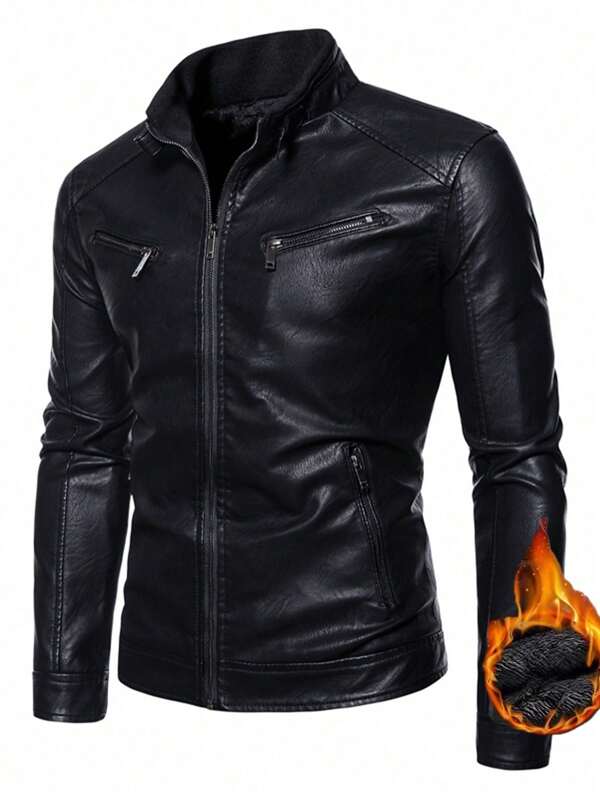 Herren Herbst/Winter Stehkragen PU Lederjacke, lässige amerikanische Vintage-Look Kunstlederjacke für Motorradfahren