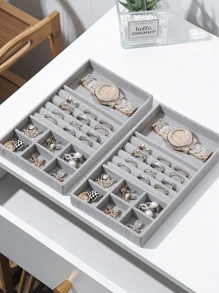 9-Piece Gray Velvet Jewelry Storage Tray Set, Stackable Multi-Compartment Jewelry Organizer Box, Ring, Earring, Necklace, Bracelet, Brooch, Watch Sorting Storage Display Tray, Drawer-Style Jewelry Storage Box, Suitable For Bedroom Vanity, Closet, Drawer And Jewelry Store Display, Home Storage Supplies, Christmas, New Year, Graduation, Mother's Day Gift - Multicolor - View 7