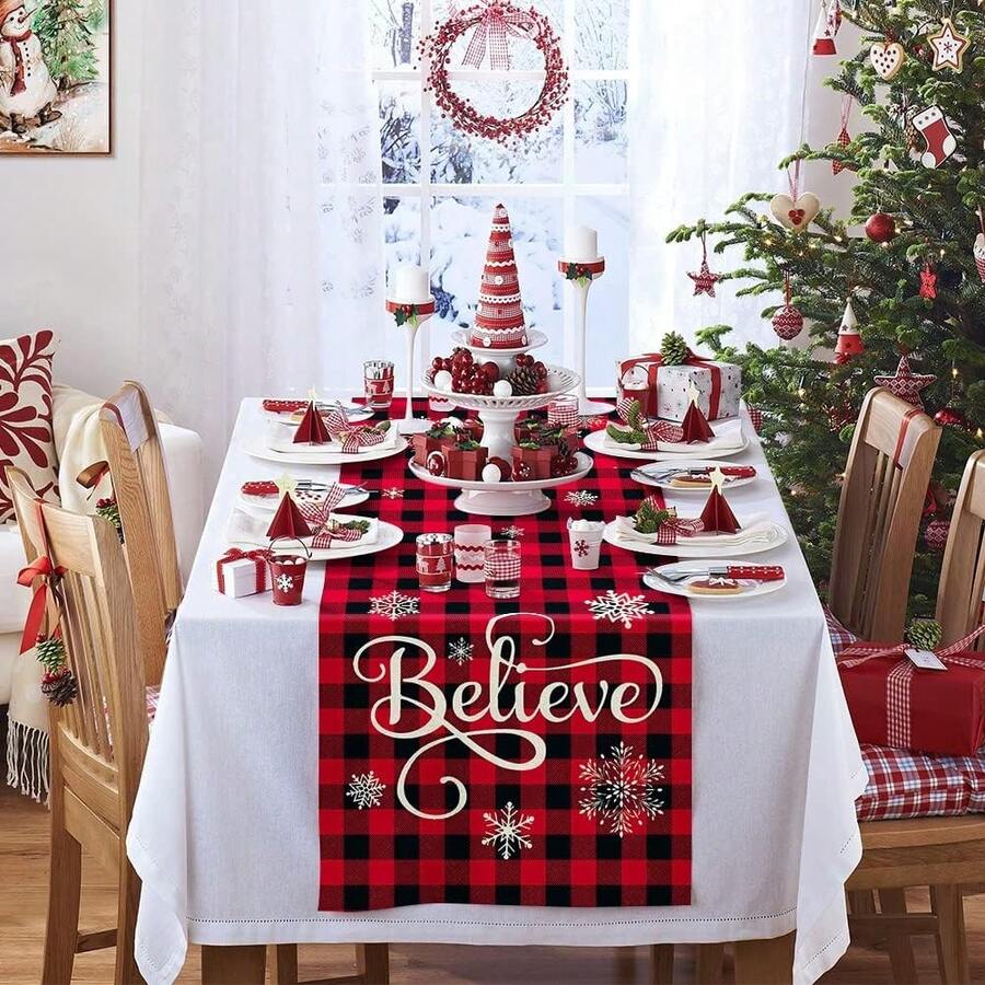 圣诞桌布，圣诞树水牛格子节日冬季节日厨房餐桌装饰适合家庭聚会 - 彩色 - 查看 1