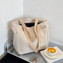 灯芯绒简约单肩手提包多口袋手提包、购物袋、学生背包、办公室公文包 - 米色 - 查看 1