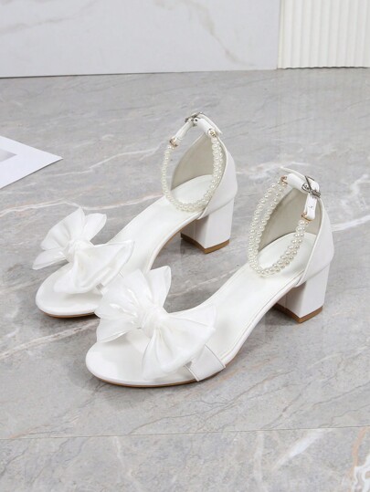 Sandalias de tacón medio con tira en forma de lazo y punta abierta en color blanco clásico, tacón grueso de 5,5 cm, adecuadas para bodas, fiestas y estilo romano, tallas grandes del 41 al 44, sandalias cómodas de tacón bajo y talón cerrado para mujer para San Valentín
