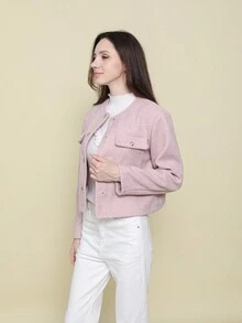 Áo khoác Bomber mềm mại có túi trang trí đơn giản sang trọng - Hồng - Xem 4