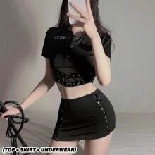 Bộ 3 món/Bộ đồng phục cảnh sát mới: Áo + Váy + Quần bó, Trang phục cảnh sát nhập vai - Bộ đồ nữ cảnh sát màu đen - Xem 13
