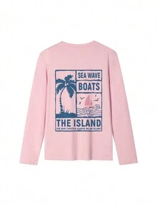 女士2025秋冬新款棕榈树标语印花宽松休闲圆领长袖T恤，从休闲日到时尚夜：探索我们的女士长袖T恤，轻松适应各种场合，完美造型 - 粉色 - 查看 4