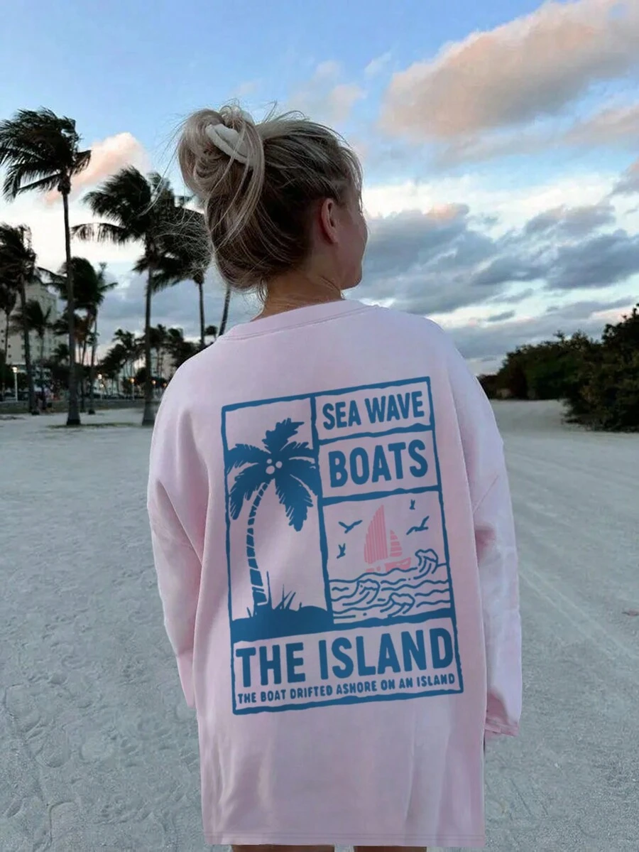 女士2025秋冬新款棕榈树标语印花宽松休闲圆领长袖T恤，从休闲日到时尚夜：探索我们的女士长袖T恤，轻松适应各种场合，完美造型 - 粉色 - 查看 1