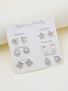 12pcs/Set Minimalist Style Rhinestone Butterfly, Heart, Flower & Water Drop Faux Pearl Earring Set Valentines - Silver - View 1