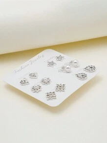 12pcs/Set Minimalist Style Rhinestone Butterfly, Heart, Flower & Water Drop Faux Pearl Earring Set Valentines - Silver - View 3